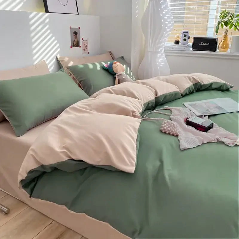 Soft green and beige two-tone quilted duvet set with scalloped edge in decorbites comfort king size bedding set