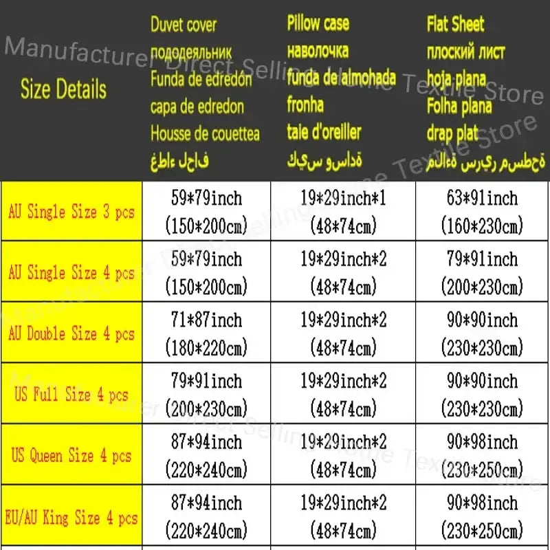 Product size chart for blue and yellow soft plush bedding set showing dimensions for decorbites comfort king size and others