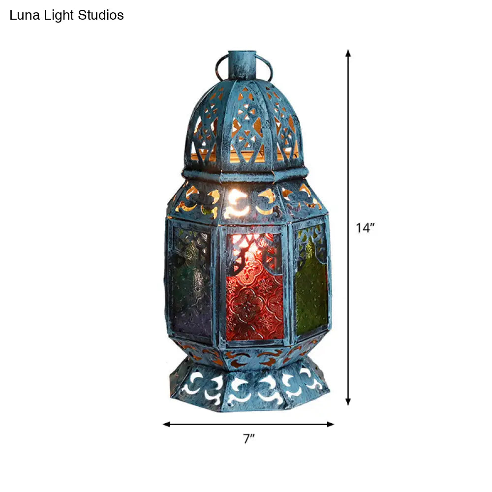 Lámpara de escritorio de metal azul envejecido con pantalla de cristal texturizado