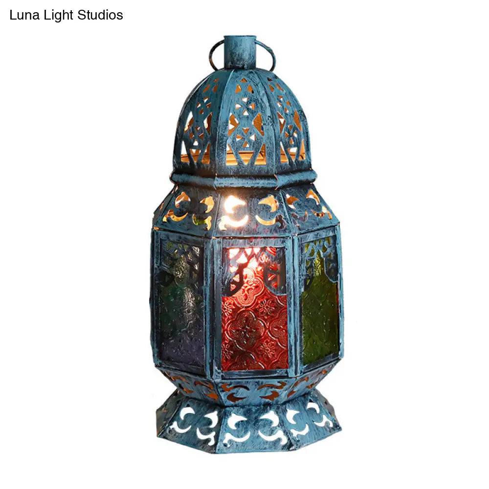 Lámpara de escritorio de metal azul envejecido con pantalla de cristal texturizado