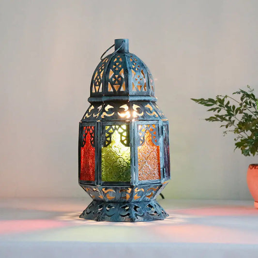 Blue Antiqued Metal Desk Lamp with Textured Glass Shade