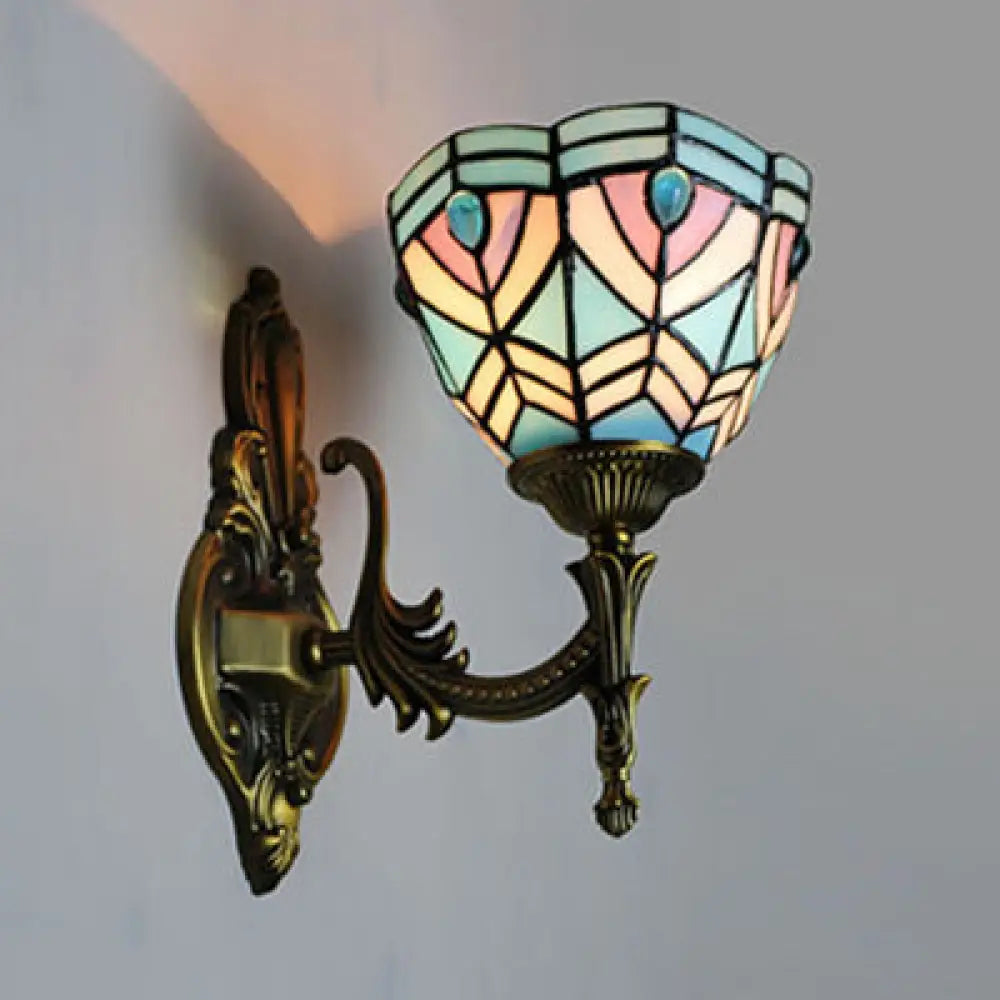 Blue Baroque Bowl Sconce: Stained Glass Wall Light for Bedroom