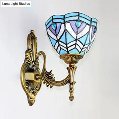 Blue Baroque Bowl Sconce: Stained Glass Wall Light for Bedroom