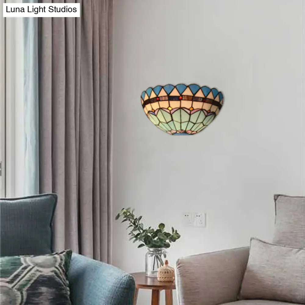 Blue Baroque Bowl Wall Mount Light: Stained Glass Sconce with/without Pull Chain