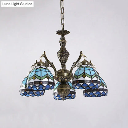 Blue Baroque Dome Stained Glass Chandelier - 5 Light Suspension Lamp for Living Room