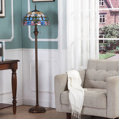 Blue Baroque Dome Stained Glass Standing Light with Pull Chain - Set of 2 Bulbs for Floor Lighting