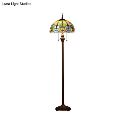 Blue Baroque Dome Stained Glass Standing Light with Pull Chain - Set of 2 Bulbs for Floor Lighting