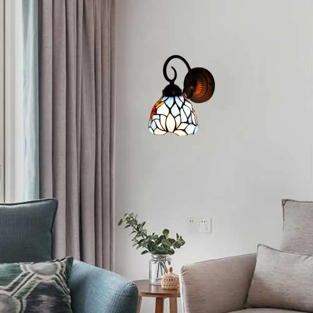 Blue Baroque Lotus Stained Glass Wall Sconce Light with Curved Arm: 1-Head Lighting Fixture