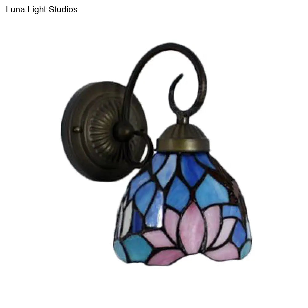 Blue Baroque Lotus Stained Glass Wall Sconce Light with Curved Arm: 1-Head Lighting Fixture
