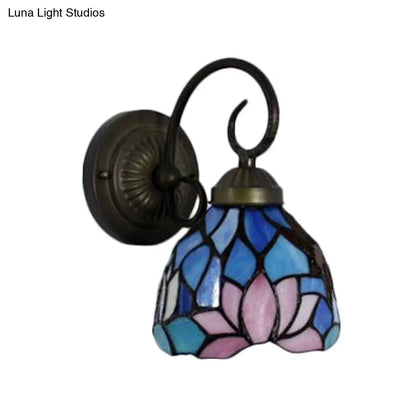 Blue Baroque Lotus Stained Glass Wall Sconce Light with Curved Arm: 1-Head Lighting Fixture