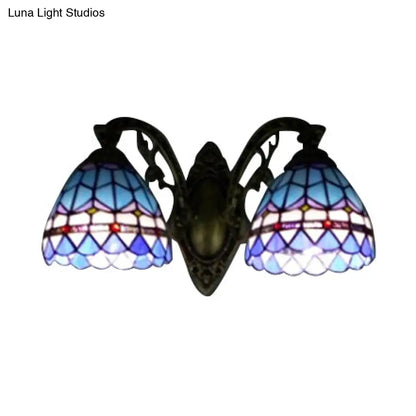 Blue Baroque Stained Glass Dome Sconce Light with Curved Arm - 2 Light Wall Fixture for Bedroom