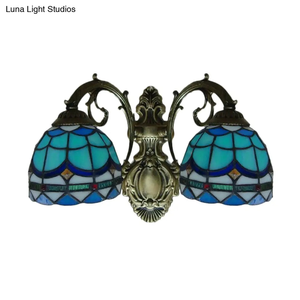Blue Baroque Stained Glass Dome Sconce Light with Curved Arm - 2 Light Wall Fixture for Bedroom