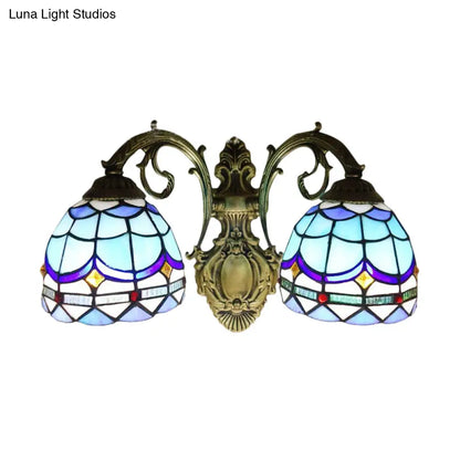 Blue Baroque Stained Glass Dome Sconce Light with Curved Arm - 2 Light Wall Fixture for Bedroom