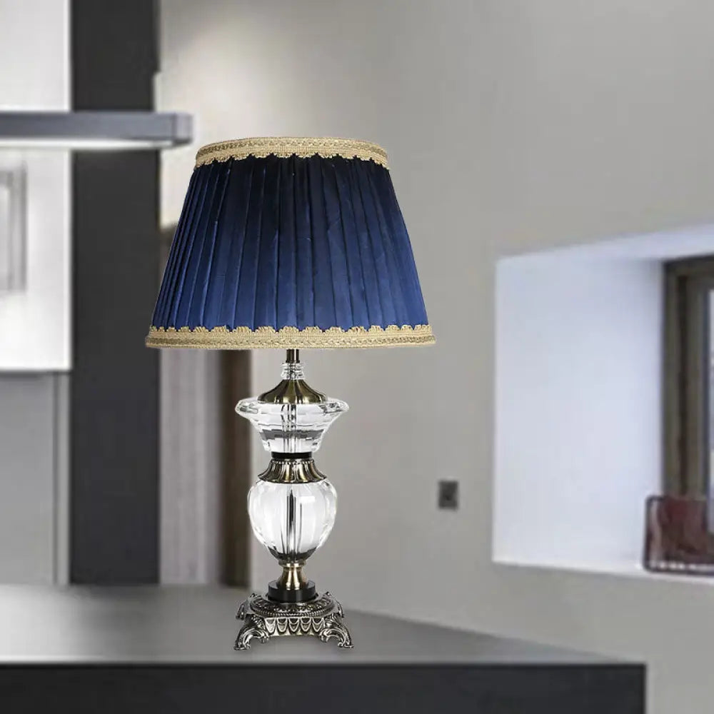 Blue Barrel Crystal Nightstand Lamp with Braided Trim - Lodge Bedroom Table Light