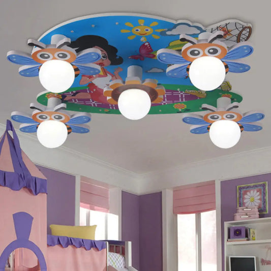 DecorBites™ Blue Bee Ceiling Mount Light - 5-Head Cartoon Flush Light for Nursing Room Foyer