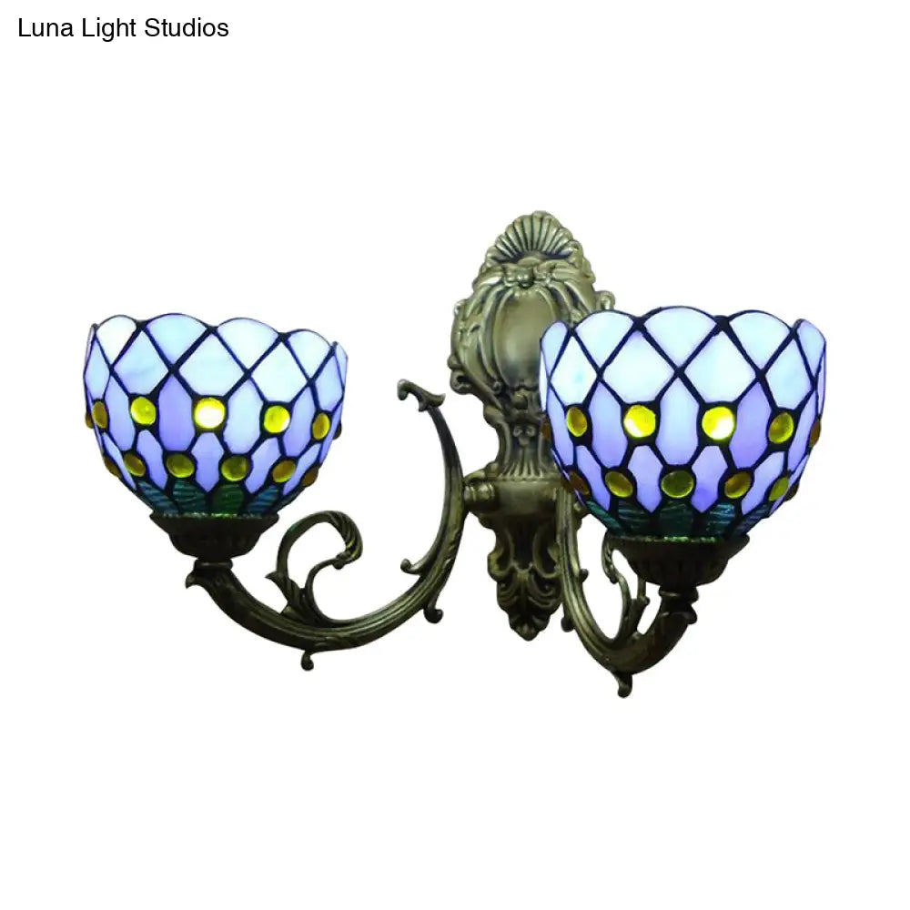 Blue/Beige Lattice Bowl Wall Sconce Tiffany Traditional Wall Lamp for Bathroom