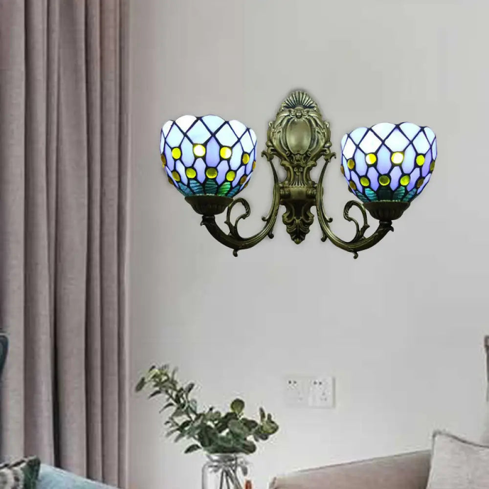 Blue/Beige Lattice Bowl Wall Sconce Tiffany Traditional Wall Lamp for Bathroom