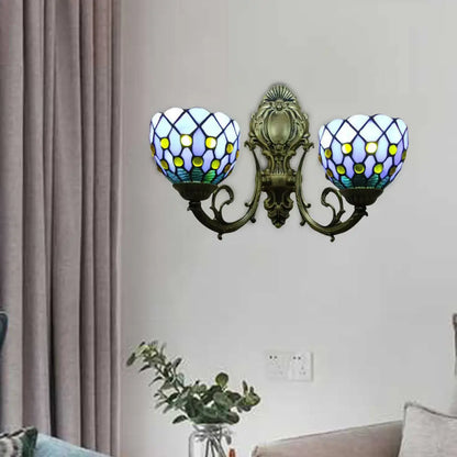 Blue/Beige Lattice Bowl Wall Sconce Tiffany Traditional Wall Lamp for Bathroom