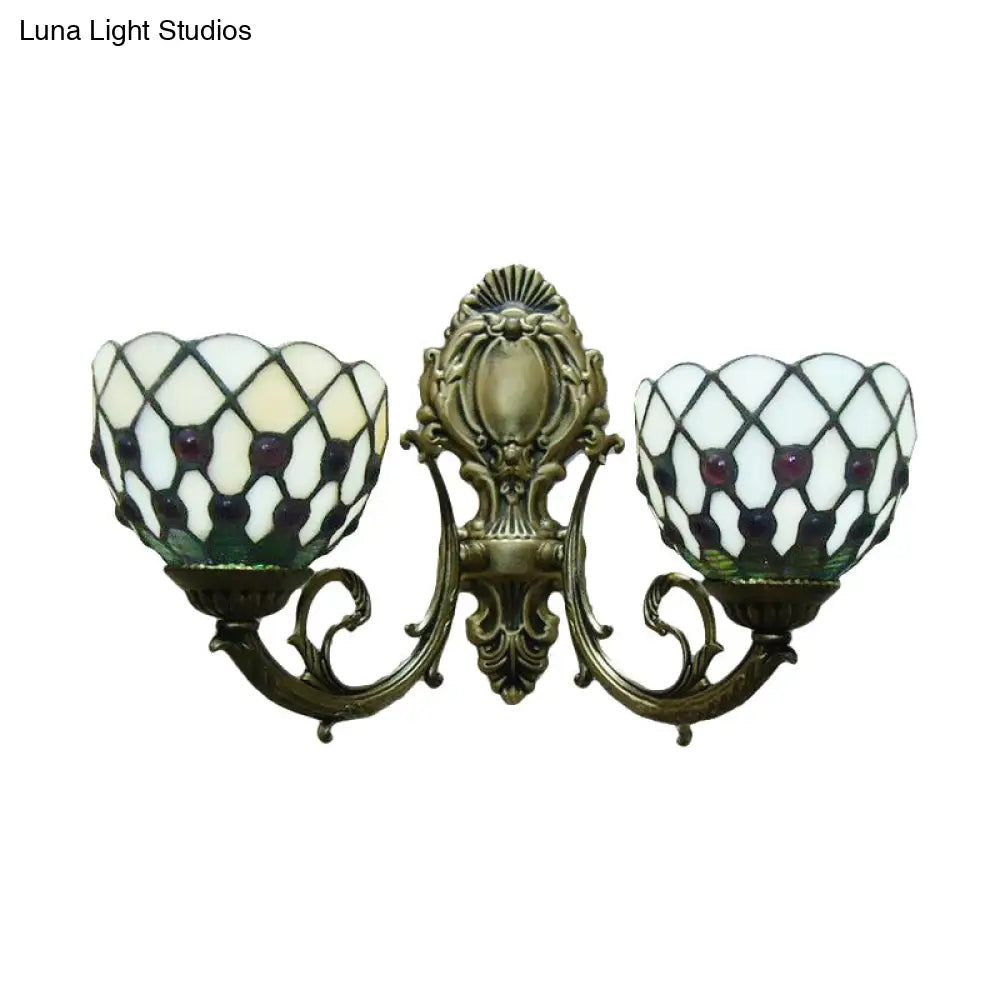 Blue/Beige Lattice Bowl Wall Sconce Tiffany Traditional Wall Lamp for Bathroom