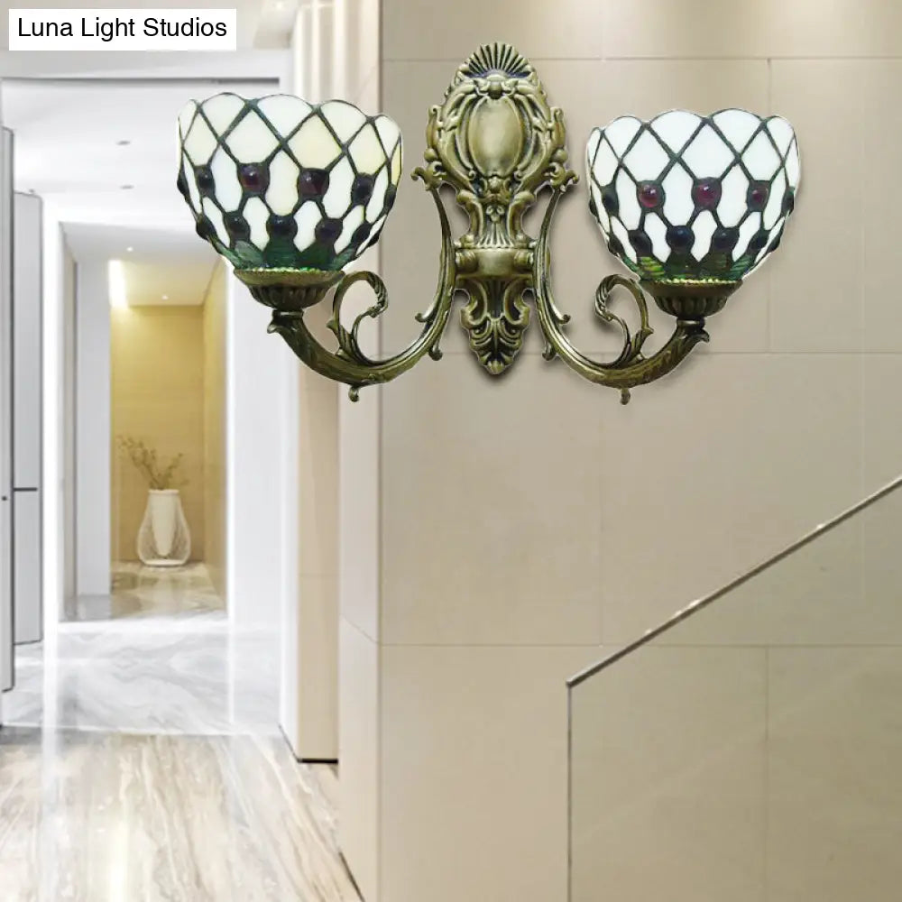 Blue/Beige Lattice Bowl Wall Sconce Tiffany Traditional Wall Lamp for Bathroom