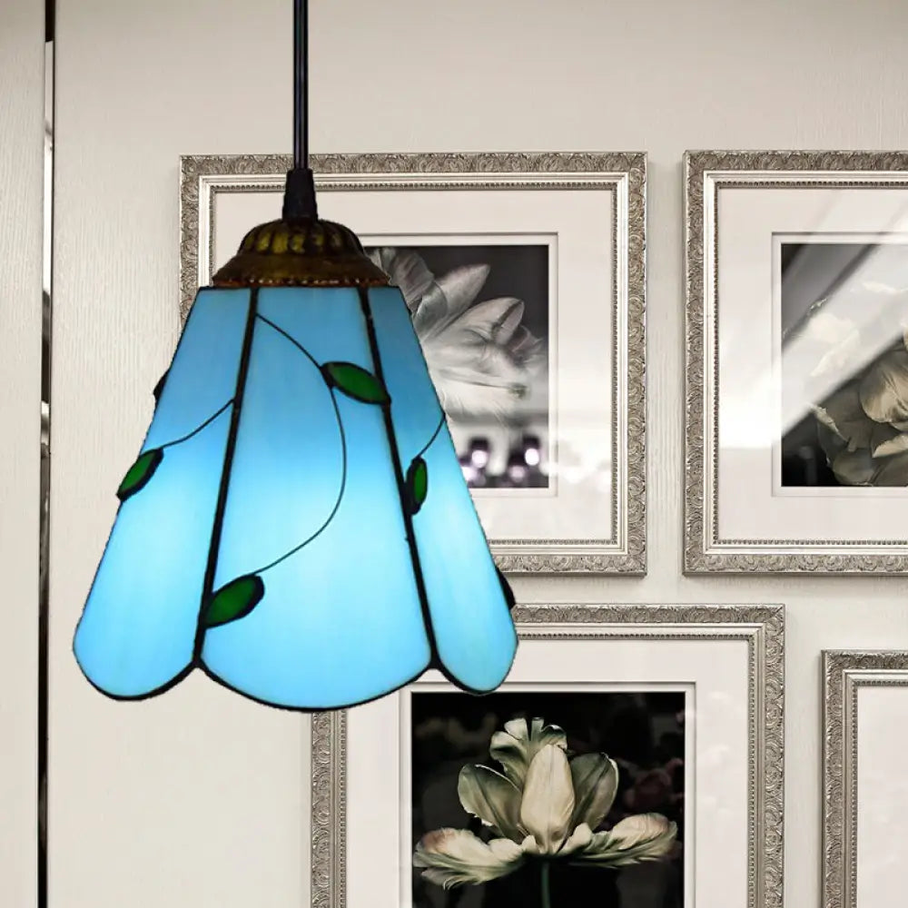 Blue/Beige Stained Glass Conical Tiffany Hanging Lamp - Mini Pendant for Living Room