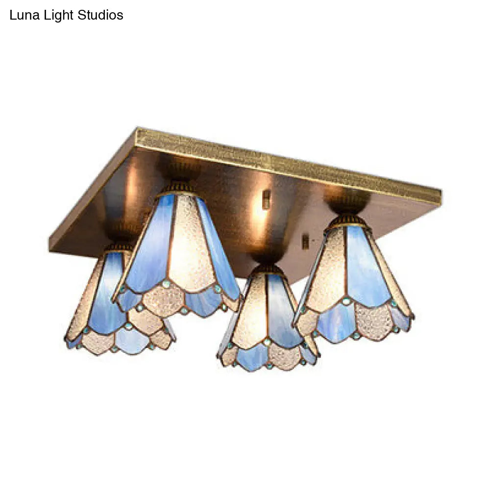 Lámpara de techo cónica DecorBites™ DecorBites™ de cristal Tiffany azul/beige con 4 luces de montaje empotrado