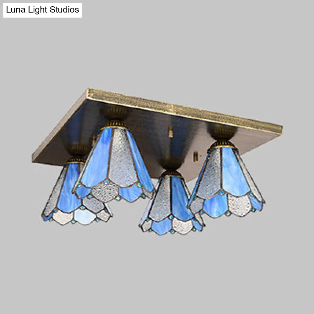 Lámpara de techo cónica DecorBites™ DecorBites™ de cristal Tiffany azul/beige con 4 luces de montaje empotrado