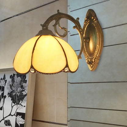 Lámpara de pared estilo Tiffany azul/beige con vitral para dormitorio - Aplique floral