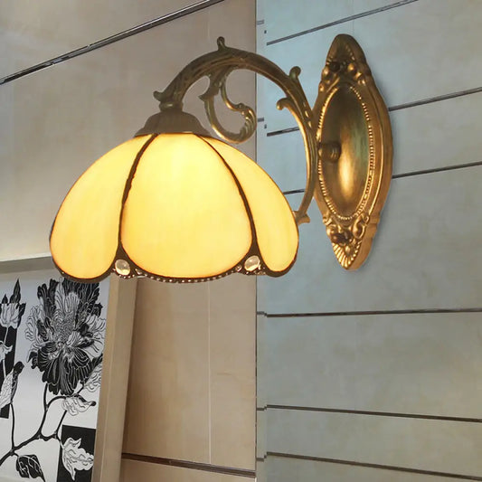 Blue/Beige Tiffany Style Stained Glass Wall Lamp for Bedroom - Floral Sconce Lighting