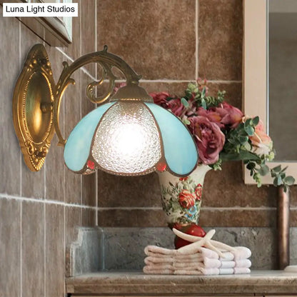 Lámpara de pared estilo Tiffany azul/beige con vitral para dormitorio - Aplique floral