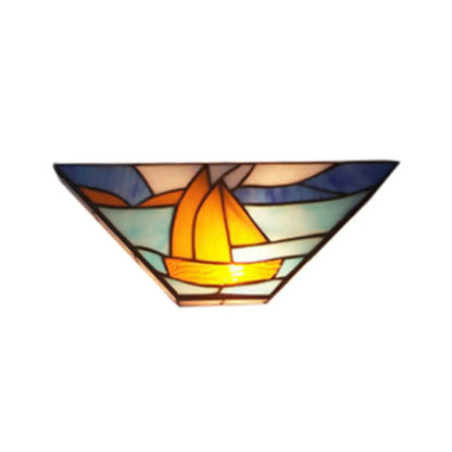 Blue Boat Nautical Stained Glass Wall Lamp - 1 Head Sea Wall Light, Ideal for Dining Room
