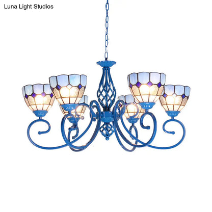 Blue Bowl Pendant Chandelier - 6/8 Lights, Mediterranean Style for Living Room