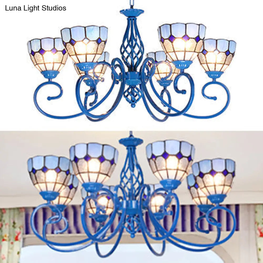Blue Bowl Pendant Chandelier - 6/8 Lights, Mediterranean Style for Living Room