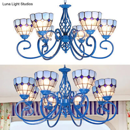 Blue Bowl Pendant Chandelier - 6/8 Lights, Mediterranean Style for Living Room