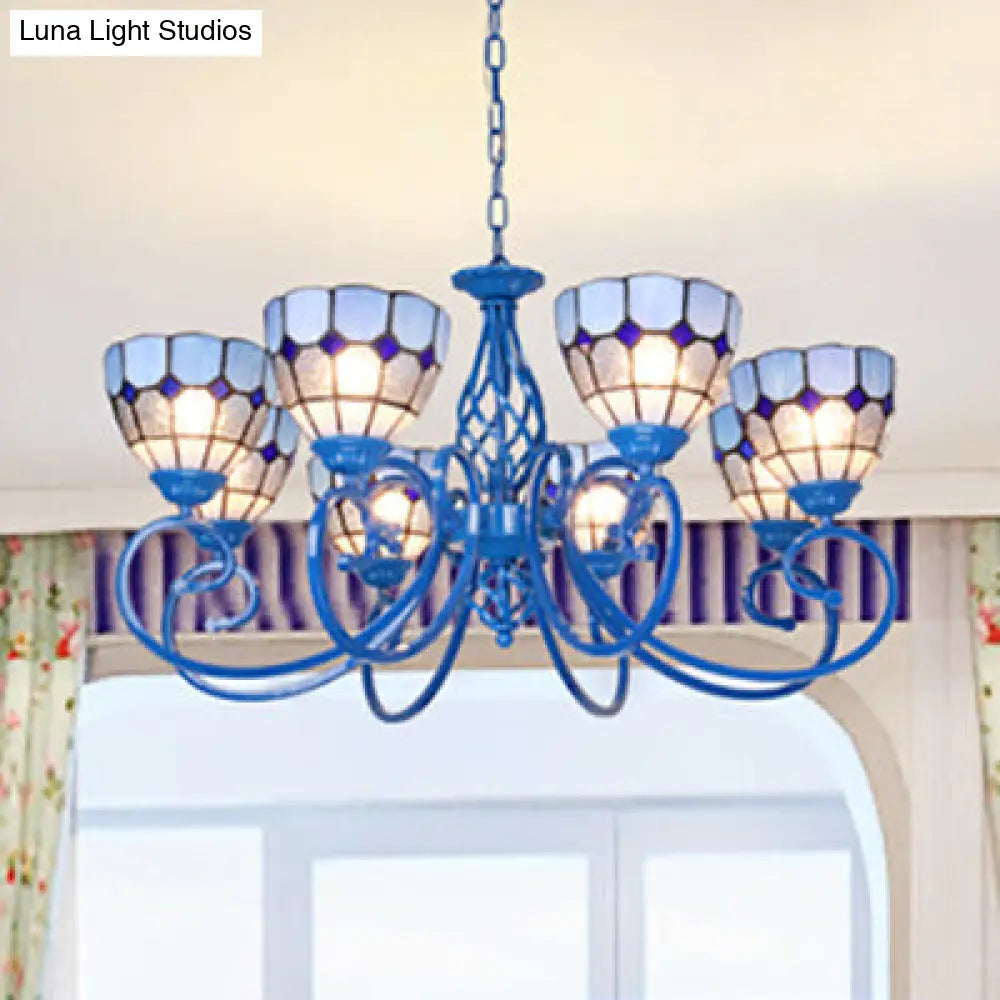 Blue Bowl Pendant Chandelier - 6/8 Lights, Mediterranean Style for Living Room