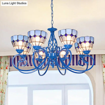 Blue Bowl Pendant Chandelier - 6/8 Lights, Mediterranean Style for Living Room