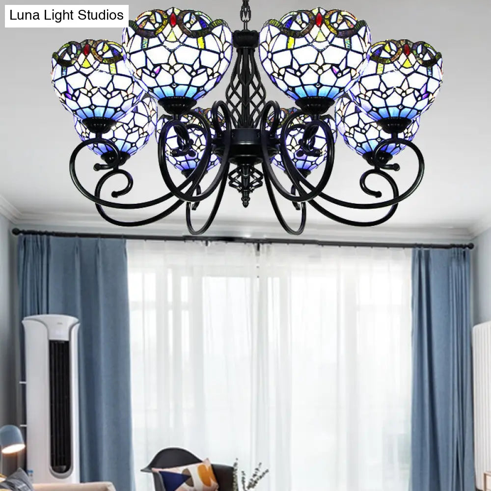 Blue/Brown Glass Baroque Chandelier with Bowl Shade and Black Finish for Foyer Ceiling