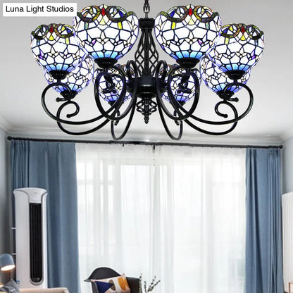 Blue/Brown Glass Baroque Chandelier with Bowl Shade and Black Finish for Foyer Ceiling