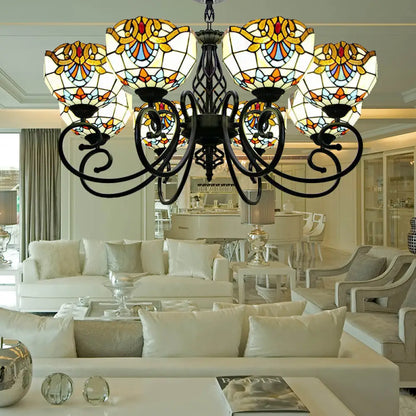 Blue/Brown Glass Baroque Chandelier with Bowl Shade and Black Finish for Foyer Ceiling