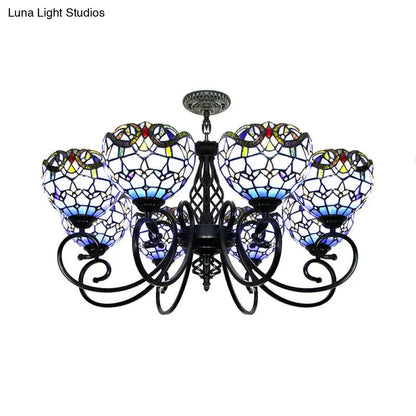 Blue/Brown Glass Baroque Chandelier with Bowl Shade and Black Finish for Foyer Ceiling