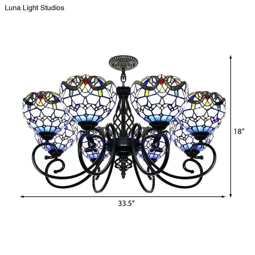 Blue/Brown Glass Baroque Chandelier with Bowl Shade and Black Finish for Foyer Ceiling