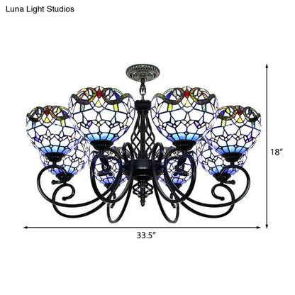 Blue/Brown Glass Baroque Chandelier with Bowl Shade and Black Finish for Foyer Ceiling