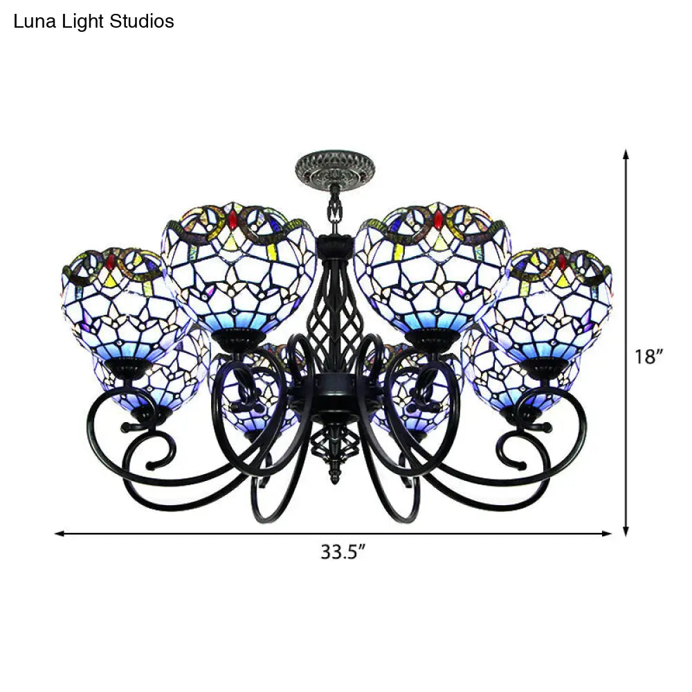 Blue/Brown Glass Baroque Chandelier with Bowl Shade and Black Finish for Foyer Ceiling