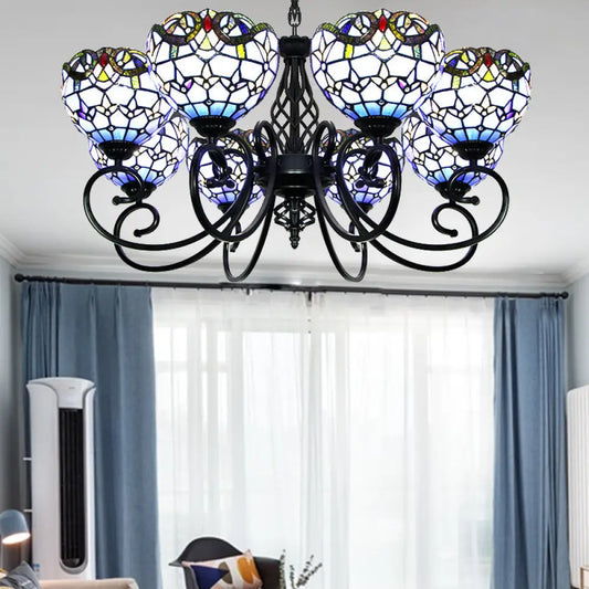 Blue/Brown Glass Baroque Chandelier with Bowl Shade and Black Finish for Foyer Ceiling