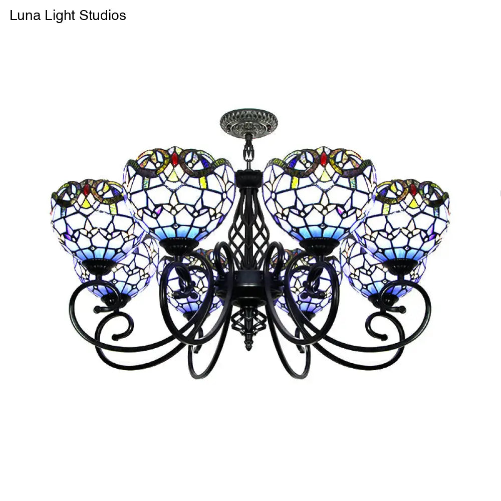 Blue/Brown Glass Baroque Chandelier with Bowl Shade and Black Finish for Foyer Ceiling
