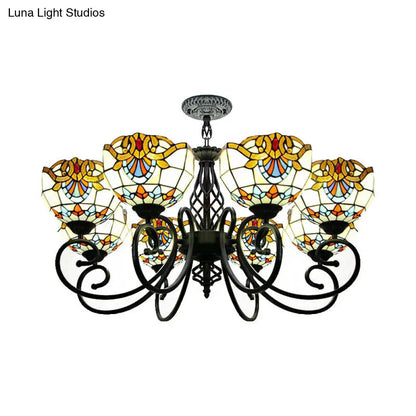 Blue/Brown Glass Baroque Chandelier with Bowl Shade and Black Finish for Foyer Ceiling