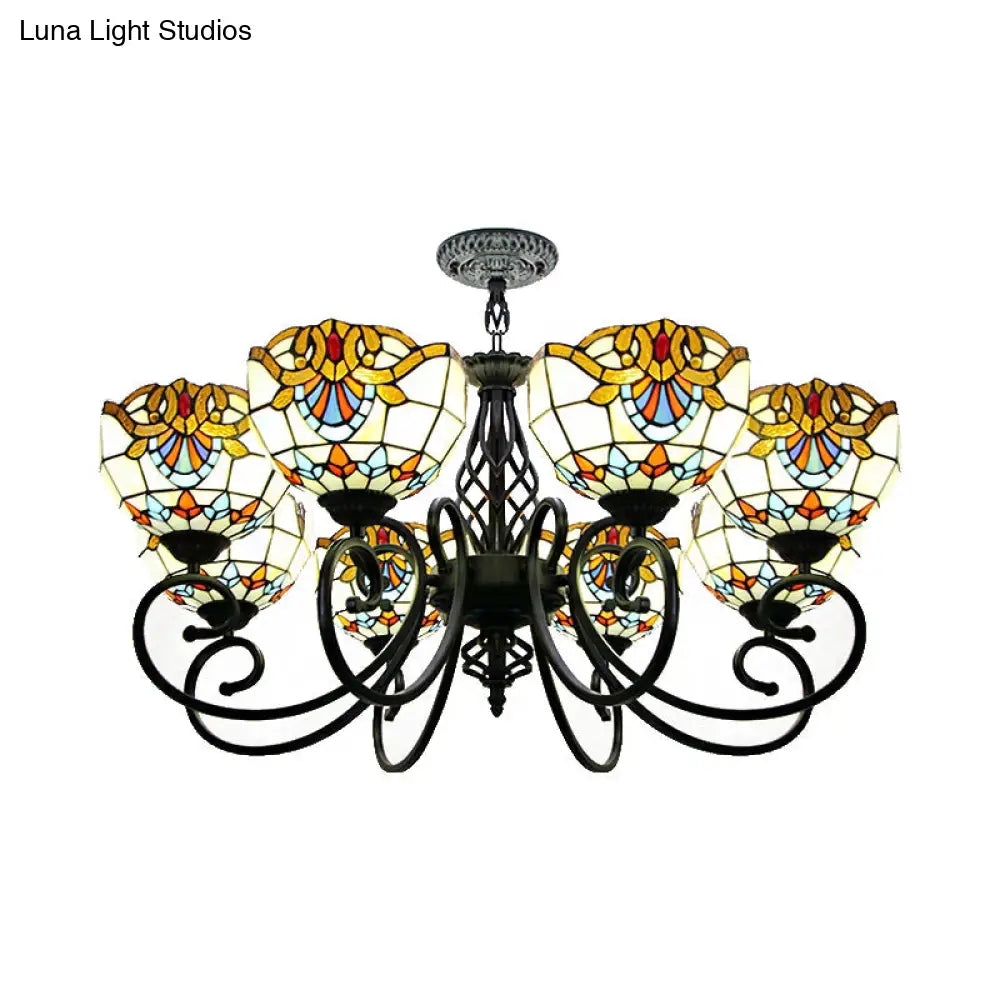 Blue/Brown Glass Baroque Chandelier with Bowl Shade and Black Finish for Foyer Ceiling