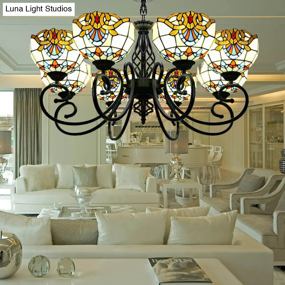 Blue/Brown Glass Baroque Chandelier with Bowl Shade and Black Finish for Foyer Ceiling