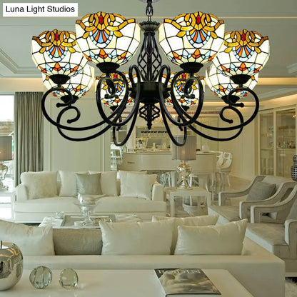 Blue/Brown Glass Baroque Chandelier with Bowl Shade and Black Finish for Foyer Ceiling