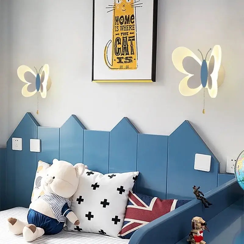 Blue butterfly girl cartoon wall sconces with white and light blue accents for girl cartoon children room lamp